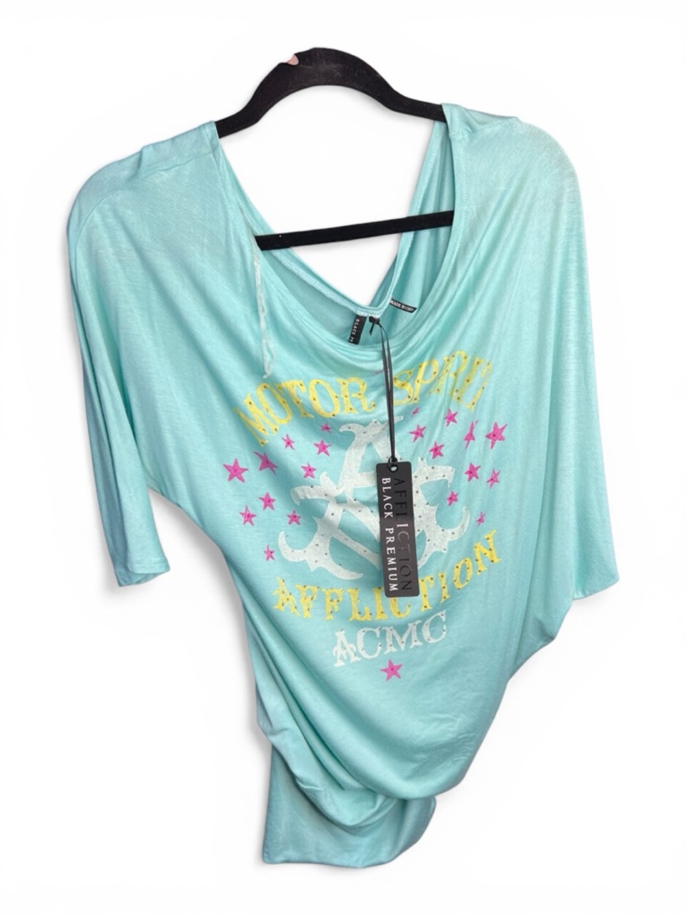 Affliction Aqua Graphic Short Sleeve Tee with Yellow & Pink Accents